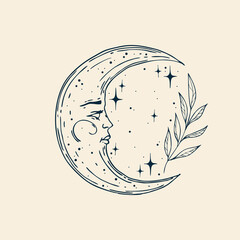 Magic crescent moon with plant and stars. Boho style. Esoteric and mystical Vector illustration