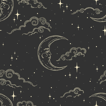 Seamless vector pattern with stars, crescent and clouds. Magic pattern for astrology, textiles, wrapping paper, design.
