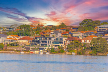 Obraz premium view of Parramatta River Sydney Harbour between Balmain Gladesville Birkin Head Point and Roselle on the Bay Run Sydney NSW Australia