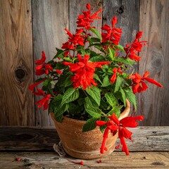 Vibrant red salvia in terracotta pot on rustic wood