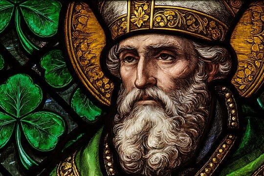 Saint patrick portrait in stained glass with shamrocks a religious depiction