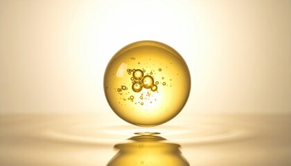 Macro View Of A Golden Essential Oil Droplet Floating Over Liquid Surface