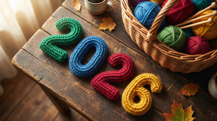 Colorful Knitted 2026 Numbers with Yarn Basket on Rustic Wooden Table