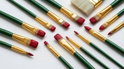 Assortment of various artist paintbrushes with green handles and gold ferrules, arranged on a white background.