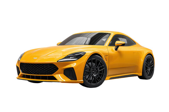 A yellow car is parked on a white background