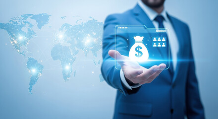 A businessman presents a digital projection of a money bag and global financial icons against a luminous world map, symbolizing international commerce and investment opportunities.
