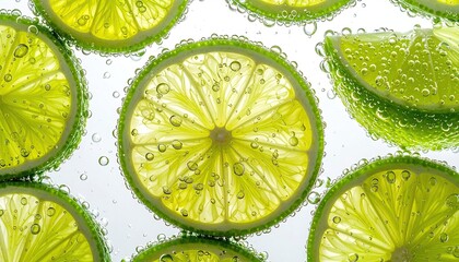 Macro view of fresh green lime slices in sparkling carbonated water