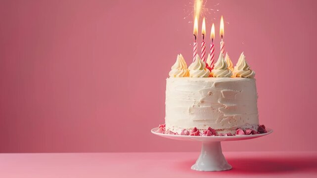 white birthday cake with pink frosting and striped candles sits on gradient pink stand, symbolizing celebration and joy., joyful dessert, sweet treat, festive design, happy birthday