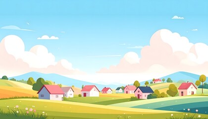 Obraz premium Serene countryside village scene with rolling hills and clear blue sky