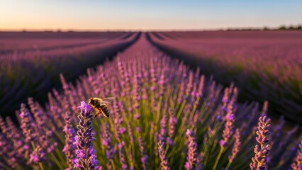 Bee pollinating lavender field at sunset with rows stretching to horizon.