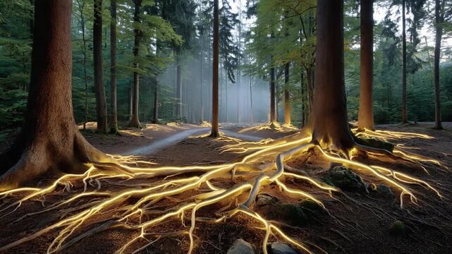 Forest of life: a mystical forest floor, illuminated by an ethereal glow and intricate root systems weaving through the verdant landscape, a visual symphony of nature's unseen beauty. 