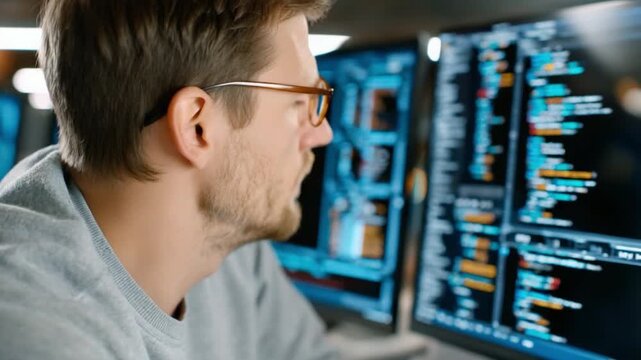 Tech Professional Focused: An engaged tech professional, illuminated by the glow of computer screens, is immersed in the process of coding, reflecting on his knowledge