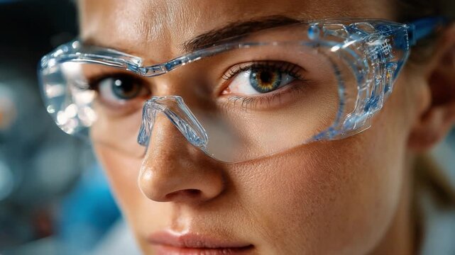 Focused Gaze: A determined scientist, eyes reflecting the focus required in scientific exploration, is seen through the lens of safety glasses.