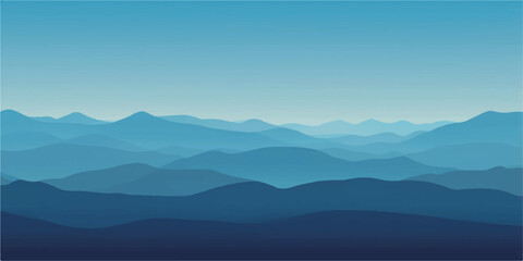 Mountain landscape in the blue morning fog with sun rising over the clouds and mist in the valley © LumenCraft