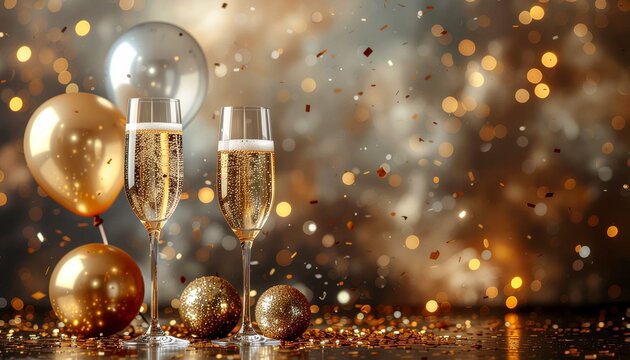 A luxurious gold-brown background for celebrating achievements, decorated with balloons, disco balls, confetti, and champagne glasses, with space for a message.