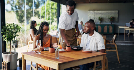 Restaurant, waiter or serving meal to couple, romantic lunch date or fine dining experience for anniversary. Fancy cuisine, engagement celebration or server with gourmet food, hospitality or people