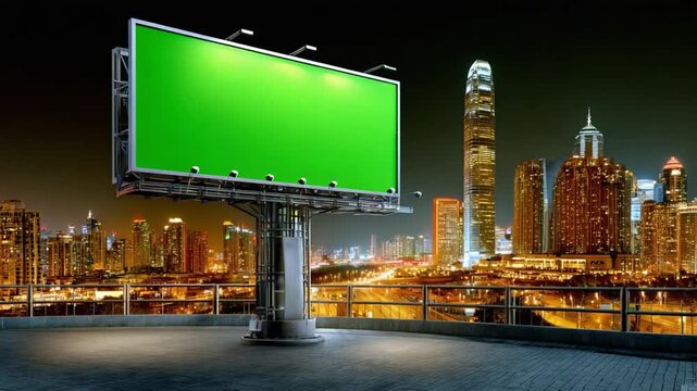 Urban Canvas at Dusk: A towering billboard, its blank canvas illuminated against the backdrop of a vibrant cityscape at dusk, invites limitless possibilities. 