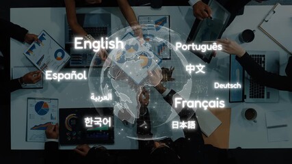 A diverse group of professionals engage in a business meeting showcasing a global approach with charts and multilingual elements symbolizing collaboration across cultures. Raster - Powered by Adobe