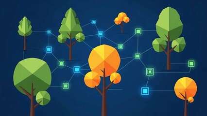 sustainability network concept with connected low poly trees and glowing data nodes on dark blue background for green technology visuals