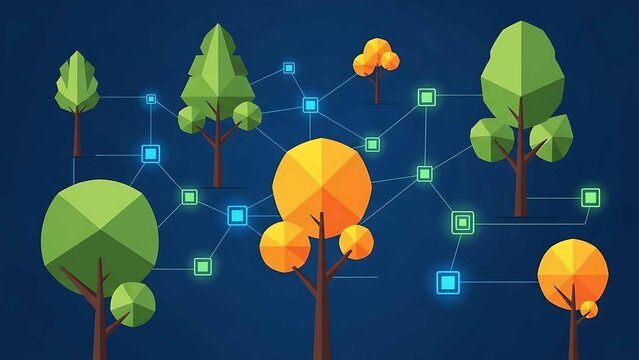 sustainability network concept with connected low poly trees and glowing data nodes on dark blue background for green technology visuals - Powered by Adobe