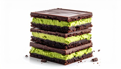 Stack of chocolate brownies with green mint cream filling on white background