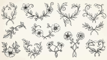 Collection of Delicate Hand-Drawn Floral Wreaths and Swirls.