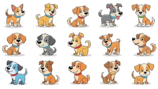 Conjunto de vectores de garabatos de perros lindos.
 Colecci&oacute;n de dise&ntilde;o de personajes de perros o cachorros de dibujos animados con colores planos en diferentes poses.
 Conjunto de divertidos animale
