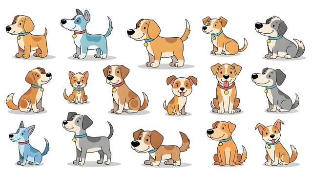Conjunto de vectores de garabatos de perros lindos.
 Colecci&oacute;n de dise&ntilde;o de personajes de perros o cachorros de dibujos animados con colores planos en diferentes poses.
 Conjunto de divertidos animale