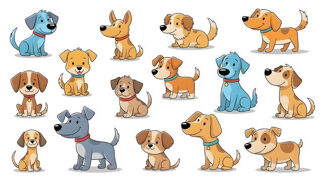 Conjunto de vectores de garabatos de perros lindos.
 Colecci&oacute;n de dise&ntilde;o de personajes de perros o cachorros de dibujos animados con colores planos en diferentes poses.
 Conjunto de divertidos animale