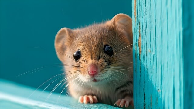 La ardilla sorprendida, sciurus, mira cautelosamente a la vuelta de una esquina, sobre un fondo azul, creado con tecnolog&iacute;a de IA generativa.
 Copie el espacio.