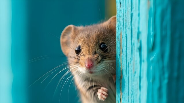 La ardilla sorprendida, sciurus, mira cautelosamente a la vuelta de una esquina, sobre un fondo azul, creado con tecnolog&iacute;a de IA generativa.
 Copie el espacio.