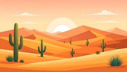 Fototapeta premium Vast desert landscape with sand dunes, cacti, and a setting sun under a cloudy sky