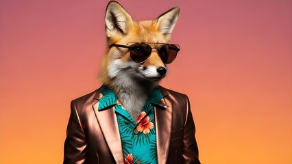 Un zorro de aspecto atractivo con un vestido de moda original: chaqueta, camisa y gafas de sol de tonos oscuros.
 Pancarta ancha con espacio para copiar en el lateral.
 Animal con estilo posando.
 IA