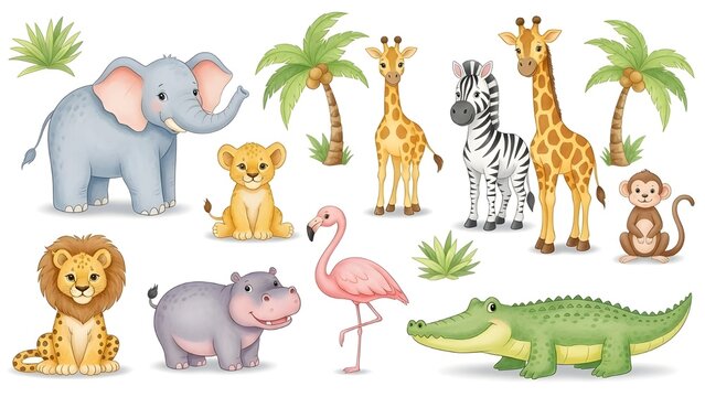 Conjunto de safari grande acuarela aislado en blanco.
 Animales de safari africanos: elefantes, jirafas, cocodrilos, tigres, leones, guepardos, cebras, flamencos, monos, suricatas y otros, j&oacute;venes exp