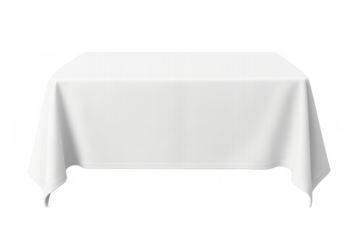 White tablecloth draping over a rectangular table, isolated with transparent background. Fabric texture for product display