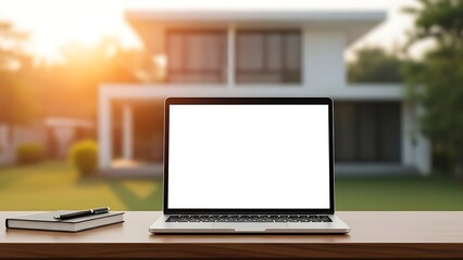Fototapeta premium Laptop on Desk with Modern House and Garden Background at Sunset.