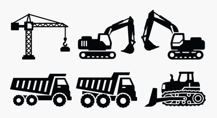 Essential Construction Machinery Icons Collection with Crane, Excavators, Dump Trucks, and Dozers