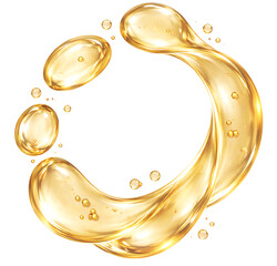 Champagne-colored cosmetic serum droplets forming circular motion, translucent light gold tone