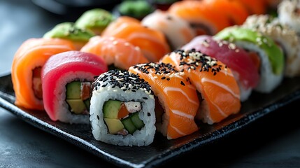 Assorted sushi rolls on a black plate