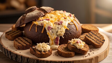 Cheesy bread bowl dip with melted cheese and toasted bread slices Cheese dip fondue