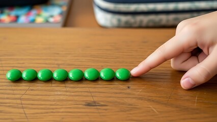 Child's Finger Pointing at a Line of Green Candies on a Wooden Table 