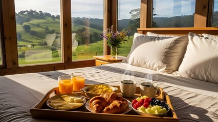 Lujosa bandeja de desayuno con croissants recién hechos, fruta, café y jugo de naranja en una acogedora cama con una impresionante vista a la naturaleza.