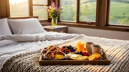 Lujosa bandeja de desayuno con croissants recién hechos, fruta, café y jugo de naranja en una acogedora cama con una impresionante vista a la naturaleza.