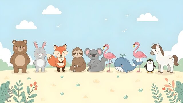 Conjunto de lindo vector animal.
 Vida salvaje amigable con oso, perezoso, conejo, ping&uuml;ino, koala, burro en patr&oacute;n de garabato.
 Adorable animal divertido y muchos personajes dibujados a mano colecci