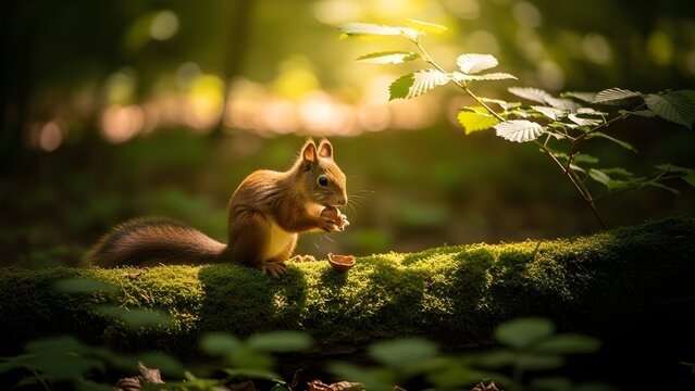 Linda ardilla roja, sciurus vulgaris, comiendo una nuez en un bosque verde primaveral con espacio para copiar.
 Precioso animal salvaje con orejas largas y cola esponjosa aliment&aacute;ndose en la naturalez