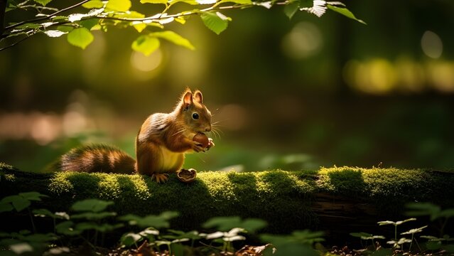 Linda ardilla roja, sciurus vulgaris, comiendo una nuez en un bosque verde primaveral con espacio para copiar.
 Precioso animal salvaje con orejas largas y cola esponjosa aliment&aacute;ndose en la naturalez
