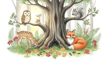Naklejka premium Gran conjunto de animales salvajes del bosque. Ilustración acuarela. Zorro tejón conejo ciervo y ardilla listada. Conejito, pájaro búho, sapo, pluma, hoja. Colección de elementos naturales. Bosqu