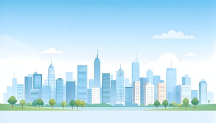 Obraz premium Modern Cityscape with Tall Buildings and Trees Under a Clear Blue Sky