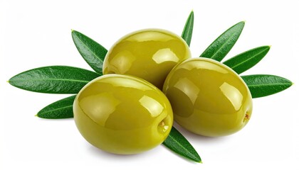 Three fresh green olives with leaves isolated on a white background