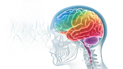 Colorful medical illustration of the human brain with pulse signal